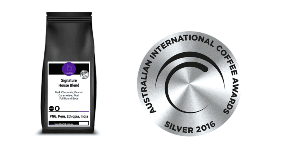 Di Bartoli Signature House Blend. Silver Medal at AICA 2016. A post blend, designed especially for milk. This blend has beans from 4 Continents: Papua New Guinea, Peru Organic, Ethiopia and Indian Monsoon Malabar, Coming all together, these flavours create a big body that cuts well through milk, showing a good balance with both chocolate, caramel and candy -like sweet notes, mixed with some tropical fruits. Medium body and fairly bright as an espresso.